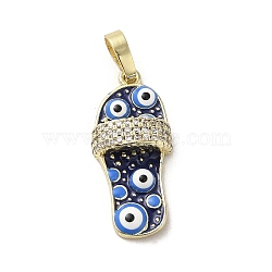 Brass Micro Pave Cubic Zirconia Pendants, with Enamel, Real 18K Gold Plated, Slipper
 with Evil Eye, Midnight Blue, 23x10.5x5mm, Hole: 3.5x5.5mm(KK-E092-18G-05)