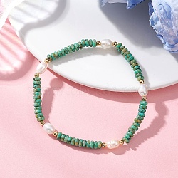 Natural Sesame Jasper & Cultured Freshwater Pearl Beads Beaded Stretch Bracelets for Women, Rondelle, with Brass Beads, Beads: 4.5x2mm and 7.5x5.5mm, Inner Diameter: 2.24~ 2.32 inch(5.7~5.9cm)(BJEW-JB13322-02)