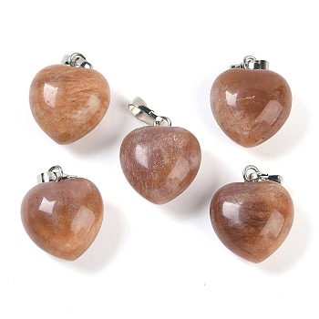 Natural Peach Moonstone Pendants, Heart Charms with Brass Snap on Bails, Platinum, 18x15.5x10mm, Hole: 5x3mm