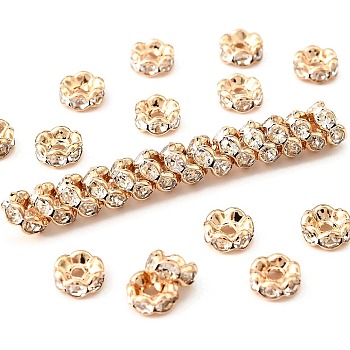 Brass Rhinestone Spacer Beads, Grade AAA, Wavy Edge, Nickel Free, Light Gold Metal Color, Rondelle, Crystal, 6x3mm, Hole: 1mm