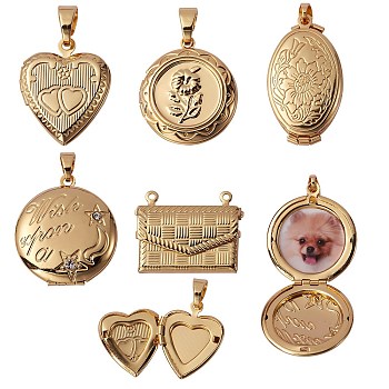 5Pcs 5 Style Brass Locket Pendants, Photo Frame Pendants for Necklaces, Long-Lasting Plated, Flat Round & Heart & Oval, Real 18K Gold Plated, 17~35x17~25.5x4~9.5mm, hole: 1.2~5.5x3~3.5mm, 1pc/style