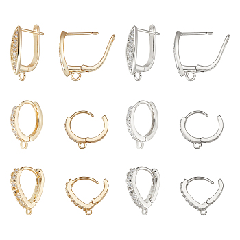 CHGCRAFT 12Pcs 6 Style Brass Micro Pave Clear Cubic Zirconia Hoop Earring Findings with Latch Back Closure, with Horizontal Loops, Platinum & Golden, 15~20x13.5~14x2~4mm, hole: 1~1.8mm, pin: 0.8mm, 2Pcs/style
