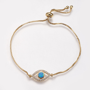 Adjustable Brass Bolo Bracelets, Slider Bracelets, with Synthetic Opal and Cubic Zirconia, Eye, Golden, Deep Sky Blue, 8-3/4 inch(222mm), 1mm, Link: 20x9x3mm
