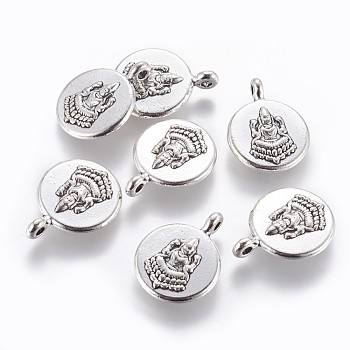 Tibetan Style Alloy Pendants, Flat Round with Buddha, Antique Silver, 19.5x15x3.5mm, Hole: 1.6mm