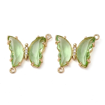 Brass Pave Faceted Glass Connector Charms, Golden Tone Butterfly Links, Dark Sea Green, 20x22x5mm, Hole: 1.2mm