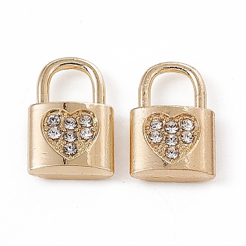 Alloy Crystal Rhinestone Pendants, Lock with Heart Charm, Golden, 15x9.5x3.5mm, Hole: 5x5mm