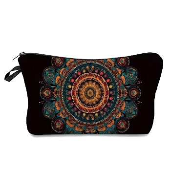 Mandala Flower Print Linen Cosmetic Zipper Pouches, Waterproof Clutch Bag, Toilet Bag for Women, Colorful, 25x17cm