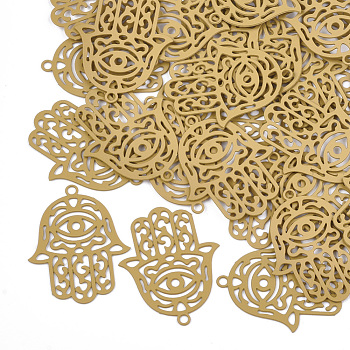 430 Stainless Steel Filigree Pendants, Spray Painted, Etched Metal Embellishments, Hamsa Hand/Hand of Fatima/Hand of Miriam with Eye, Goldenrod, 23x18x0.3mm, Hole: 1.4mm