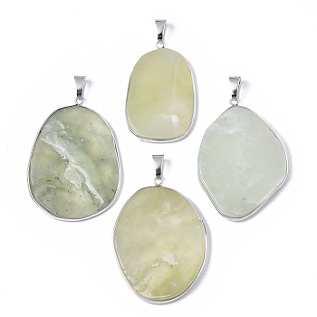 Natural New Jade Pendants, with Platinum Tone Brass Edge and Iron Snap on Bails, Nuggets, 36~65x23~43x5~13mm, Hole: 5x9mm