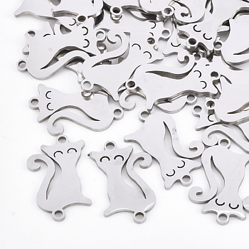 201 Stainless Steel Kitten Links connectors, Laser Cut Links, Cat Silhouette Shape, Stainless Steel Color, 17.5x11x1mm, Hole: 1.4mm