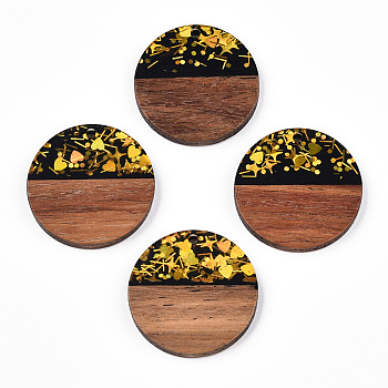 Opaque Resin & Walnut Wood Pendants, Flat Round Charms with Paillettes, Black, 28.5x3.5mm, Hole: 2mm