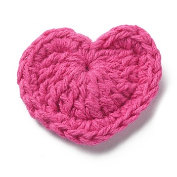 Heart Handmade Crochet Cotton Ornament Accessories, for DIY Sewing Craft Decoration, Fuchsia, 29~34x35~38x3~3.5mm
