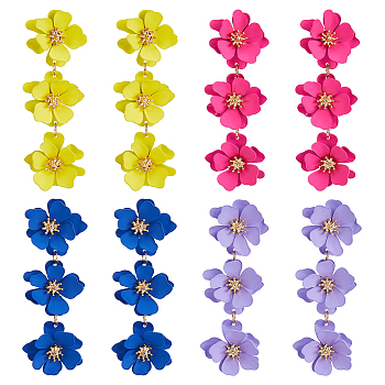 4 Pairs 4 Colors Alloy Flower Dangle Stud Earrings for Women, Mixed Color, 76~77x27mm, 1 Pair/color