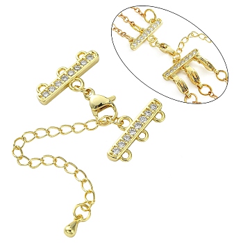 Brass Micro Pave Cubic Zirconia Chain Extender, Necklace Layering Clasps, with 3 Strands 6-Hole Ends and Lobster Claw Clasps, Nickel Free, Clear, Real 18K Gold Plated, 48mm, Clasp: 10x6x2.5mm, Extend Chain: 40x3mm, End: 8.5x18x2mm, Hole: 1.5mm
