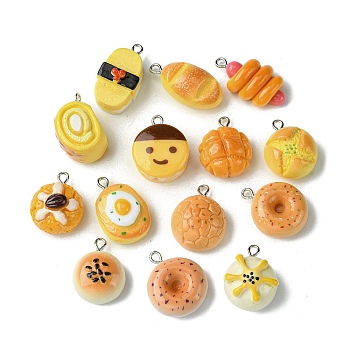 Opaque Resin Pendants, Imitation Bread Charms, with Platinum Plated Iron Loops, Mixed Shapes, Mixed Color, 22~27.5x13.5~20.5x8.5~15mm, Hole: 2mm