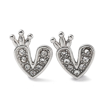 304 Stainless Steel with Rhinestone Stud Earrings, Heart with Crown, Stainless Steel Color, 9.5x7.5mm