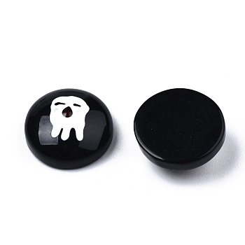 Halloween Opaque Resin Enamel Cabochons, Half Round with White Ghost, Black, 14x6mm