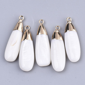 Natural Freshwater Shell Pendants, with Golden Plated Brass Findings, Teardrop, White, 32~33.5x9~10.5x4~5mm, Hole: 1.6mm