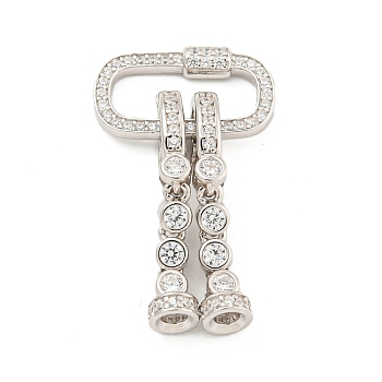 925 Sterling Silver Micro Pave Clear Cubic Zirconia Fold Over Clasps, Oval Rectangle, Real Platinum Plated, 52mm, Hole: 3mm