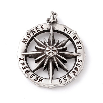 Tibetan Style 304 Stainless Steel Pendants, Flat Round, Antique Silver, 40x33.5x8mm, Hole: 6x5mm