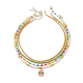 4Pcs 4 Style Glass Seed Imitatin Pearl Beaded Necklaces Set, Alloy Enamel Easter Egg Charm Stackable Necklaces for Women , Mixed Color, 15.28~17.72 inch(38.8~45cm), 1Pc/style
