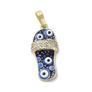 Brass Micro Pave Cubic Zirconia Pendants, with Enamel, Real 18K Gold Plated, Slipper
 with Evil Eye, Midnight Blue, 23x10.5x5mm, Hole: 3.5x5.5mm