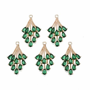 Brass Micro Pave Cubic Zirconia Pendants, with Glass, Long-Lasting Plated, Light Gold, Teardrop, Sea Green, 29x16.5x7mm, Hole: 1.6mm