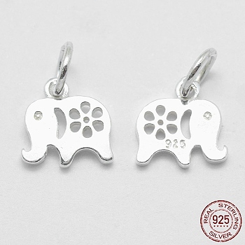 925 Sterling Silver Pendants, Elephant, with 925 Stamp, Silver, 10x10x1.5mm, Hole: 4mm