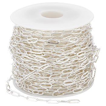 1 Roll Brass Paperclip Chains, Drawn Elongated Cable Chains, Soldered, with Spool, Long-Lasting Plated, Silver, 7.5x3x0.5mm, about 32.81 Feet(10m)/roll