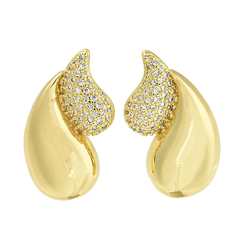 Teardrop Brass Clear Cubic Zirconia Stud Earrings, Lead Free & Cadmium Free, Real 18K Gold Plated, 28x17mm