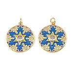 Brass Micro Pave Clear Cubic Zirconia Pendants, with Blue Enamel, Flat Round with Star Charms, Golden, 23.5x21x3mm, Hole: 3mm(CU-CBA9175-04G)