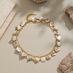 304 Stainless Steel with Dyed Floral White Natural Shell Nuggets Beaded Double Layer Necklaces for Women, Ion Plating(IP), Cadmium Free & Nickel Free & Lead Free, Real 18K Gold Plated, 16.38 inch(41.6cm)(NJEW-G181-13G)