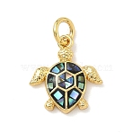 Brass Enamel Pendants, Tortoise Charms, with Natural Shell, Long-Lasting Plated, Rack Plating, with Jump Ring, Real 18K Gold Plated, Black, 14x13x3mm(KK-H534-12G-01)