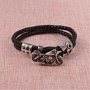 Braided Leather Cord Bracelets, Multi-strand Bracelets, with 316 Surgical Stainless Steel Motorcycle Clasps, Antique Silver, Black, 235x5x2mm(BJEW-L605-38)