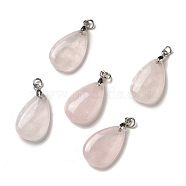 Natural Rose Quartz Pendants, Teardrop Charms, with Platinum Plated Brass Snap on Bails, Lead Free & Cadmium Free, 28~29x18~18.5x6~7mm, Hole: 3mm(G-H286-04P-01)