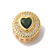 Flat Round with Heart Pattern Rack Plating Brass Micro Pave Cubic Zirconia European Beads, Large Hole Beads, Cadmium Free & Lead Free, Long-Lasting Plated, Real 18K Gold Plated, Dark Green, 12x11.5mm, Hole: 4.5mm(KK-G511-01G-01)