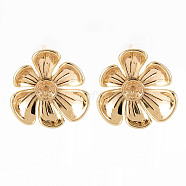 Brass Stud Earrings Findings, for Half Drilled Bead, Nickel Free, Flower, Real 18K Gold Plated, 18x17mm, Hole: 0.8mm, Pin: 0.8mm, Pin 0.8mm(for Half Drilled Beads)(KK-T062-79G-NF)