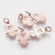 304 Stainless Steel Pendants, Hamsa Hand/Hand of Fatima/Hand of Miriam with Heart, Rose Gold, 15x9.5x1mm, Hole: 4mm(STAS-Q201-T453R)