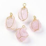 Natural Rose Quartz Big Pendants, with Golden Plated Brass Wire, Nuggets, 40~58x19~30mm, Hole: 7x9mm(G-A172-15E)