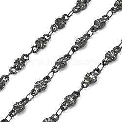 Ion Plating(IP) 304 Stainless Steel Link Chains, Soldered, with Spool, Flat Round with Flower, Gunmetal, Link: 8x3.5~4x1~1.2mm, about 32.81 Feet(10m)/Roll(CHS-H009-21B)