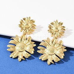 304 Stainless Steel Dangle Stud Earrings, Ion Plating(IP), Flower, Real 14K Gold Plated, 61x34.5mm(EJEW-G423-18G)