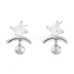 Rhodium Plated 925 Sterling Silver with Cubic Zirconia Stud Earring Findings, with S925 Stamp, for Half Drilled Beads, Real Platinum Plated, 15x11mm, Pin: 11x0.6mm(EJEW-B038-19P)