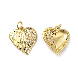 Brass Micro Pave Clear Cubic Zirconia Pendants, with Jump Ring, Heart with Wing Charm, Real 18K Gold Plated, 17.5x16x4mm, Hole: 3.5mm(KK-E068-VB168)