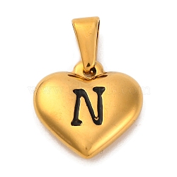 304 Stainless Steel Pendants, Heart with Black Letter, Golden, Letter N, 16x16x4.5mm, Hole: 7x3mm(STAS-P278-01N-G-1)