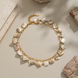 304 Stainless Steel with Dyed Floral White Natural Shell Nuggets Beaded Double Layer Necklaces for Women, Ion Plating(IP), Cadmium Free & Nickel Free & Lead Free, Real 18K Gold Plated, 16.38 inch(41.6cm)(NJEW-G181-13G)