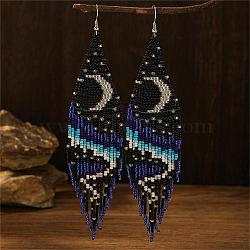 Bohemian Style Handmade Beaded Earrings with Moon Pattern Glass Beads, Black, 145x35mm(LS5040)