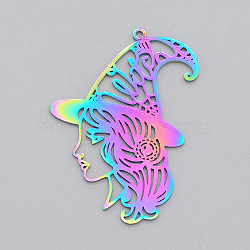 Ion Plating(IP) 201 Stainless Steel Pendants, Laser Cut, Witch, for Halloween, Rainbow Color, 43x30x1mm, Hole: 1.5mm(STAS-T056-LA473)