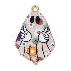 Halloween Alloy Enamel Pendants, Light Gold, Ghost Charm, Orange, 32x20x2mm, Hole: 1.6mm(ENAM-C023-01KCG-04)