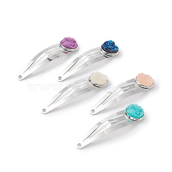 Iron Snap Hair Clips, with Flat Round Druzy Resin Cabochons for Woman Girls, Platinum, Mixed Color, 53x13.5x5.5mm(PHAR-JH00084)