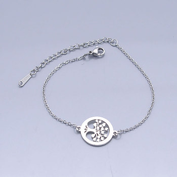 201 Stainless Steel Link Bracelets, with Lobster Claw Clasps, Tree of Life with Flat Round, Stainless Steel Color, 6-3/4 inch~6-7/8 inch(17.2~17.6cm)